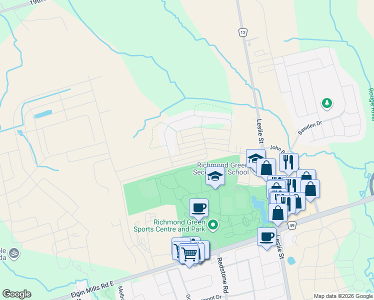 map of restaurants, bars, coffee shops, grocery stores, and more near 86 William F. Bell Parkway in Richmond Hill
