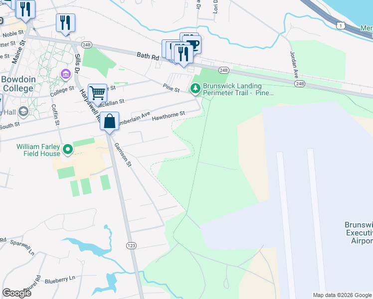 map of restaurants, bars, coffee shops, grocery stores, and more near 46 Pollard Ave in Brunswick