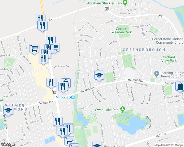 map of restaurants, bars, coffee shops, grocery stores, and more near 298 Williamson Road in Markham