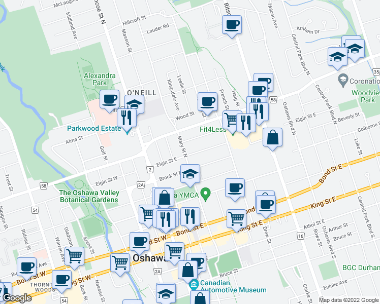 map of restaurants, bars, coffee shops, grocery stores, and more near 92 Elgin Street East in Oshawa