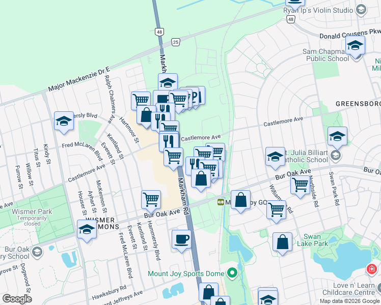 map of restaurants, bars, coffee shops, grocery stores, and more near 9763 Markham Road in Markham