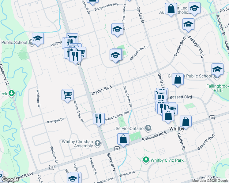 map of restaurants, bars, coffee shops, grocery stores, and more near 8 Petra Way in Whitby