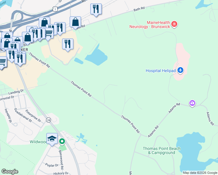 map of restaurants, bars, coffee shops, grocery stores, and more near 28 Beacon Drive in Brunswick