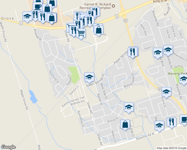 map of restaurants, bars, coffee shops, grocery stores, and more near 98 Aspen Springs Drive in Courtice