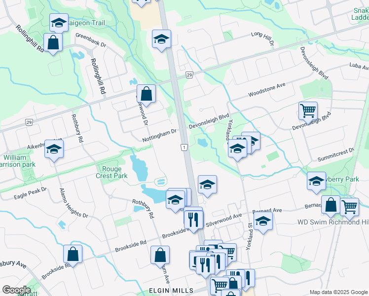map of restaurants, bars, coffee shops, grocery stores, and more near Yonge Street in Richmond Hill