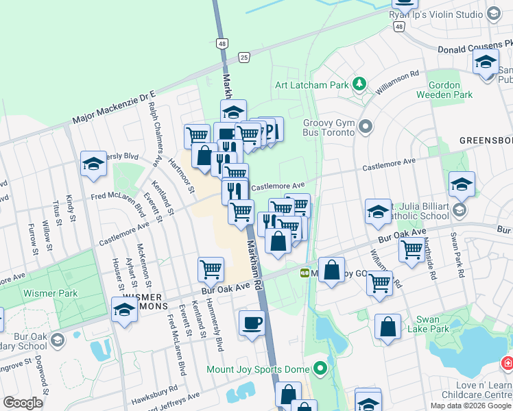 map of restaurants, bars, coffee shops, grocery stores, and more near in Markham