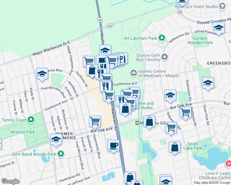 map of restaurants, bars, coffee shops, grocery stores, and more near 9763 Markham Road in Markham