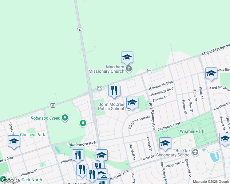 map of restaurants, bars, coffee shops, grocery stores, and more near 85 Landsdown Crescent in Markham