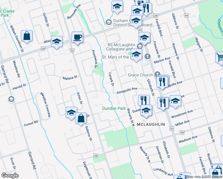 map of restaurants, bars, coffee shops, grocery stores, and more near 412 Lanark Drive in Oshawa