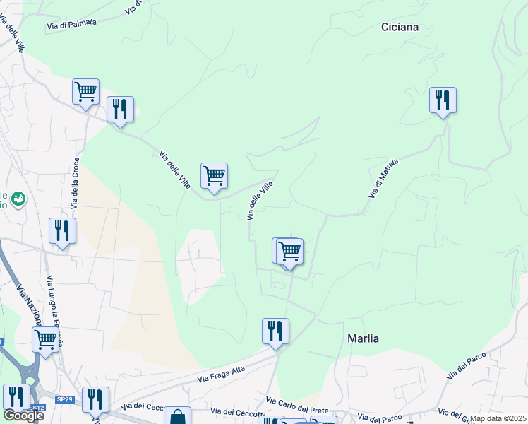 map of restaurants, bars, coffee shops, grocery stores, and more near 66 Via di Villa Oliva in Lucca