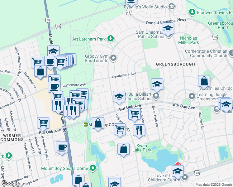 map of restaurants, bars, coffee shops, grocery stores, and more near 24 Jenmat Drive in Markham