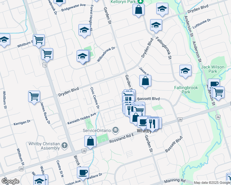 map of restaurants, bars, coffee shops, grocery stores, and more near 33 Foothill Street in Whitby