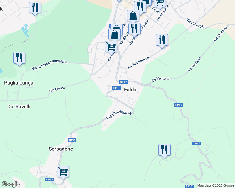 map of restaurants, bars, coffee shops, grocery stores, and more near 4470 Via Provinciale in Falda