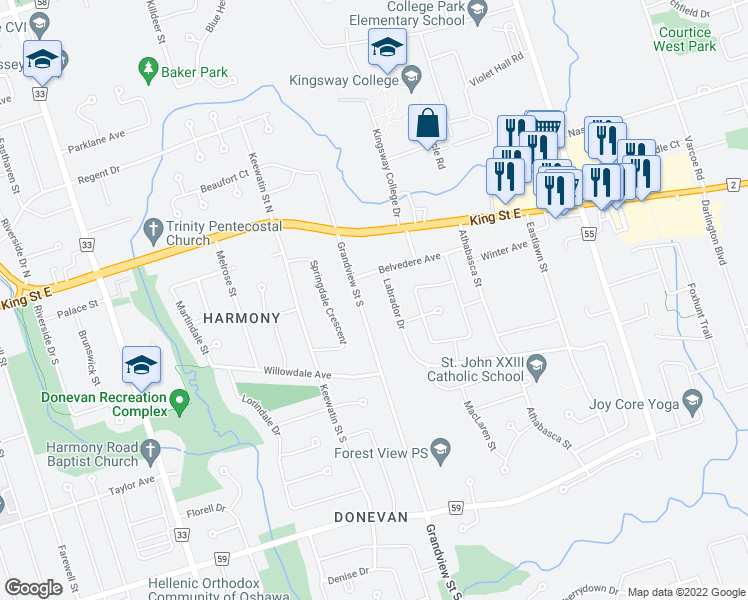 map of restaurants, bars, coffee shops, grocery stores, and more near 85 Grandview Street South in Oshawa