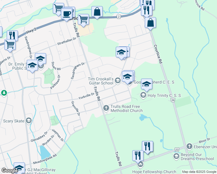 map of restaurants, bars, coffee shops, grocery stores, and more near 18 Avondale Drive in Courtice