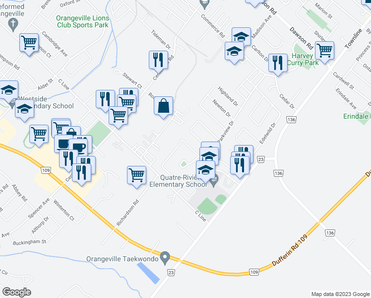 map of restaurants, bars, coffee shops, grocery stores, and more near 72 Burbank Crescent in Orangeville