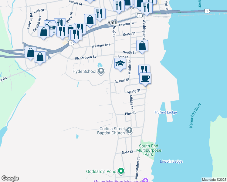 map of restaurants, bars, coffee shops, grocery stores, and more near 6 Palmer St in Bath
