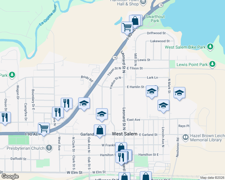 map of restaurants, bars, coffee shops, grocery stores, and more near 545 Youlon Street North in West Salem