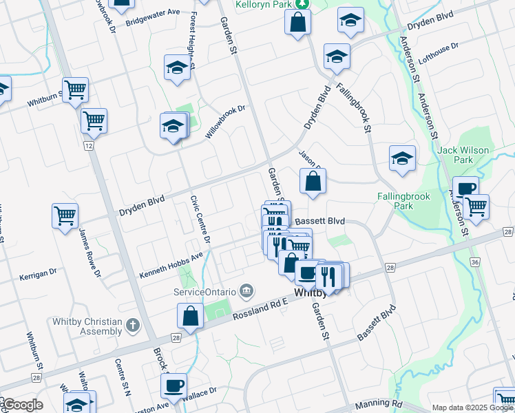 map of restaurants, bars, coffee shops, grocery stores, and more near 33 Foothill Street in Whitby