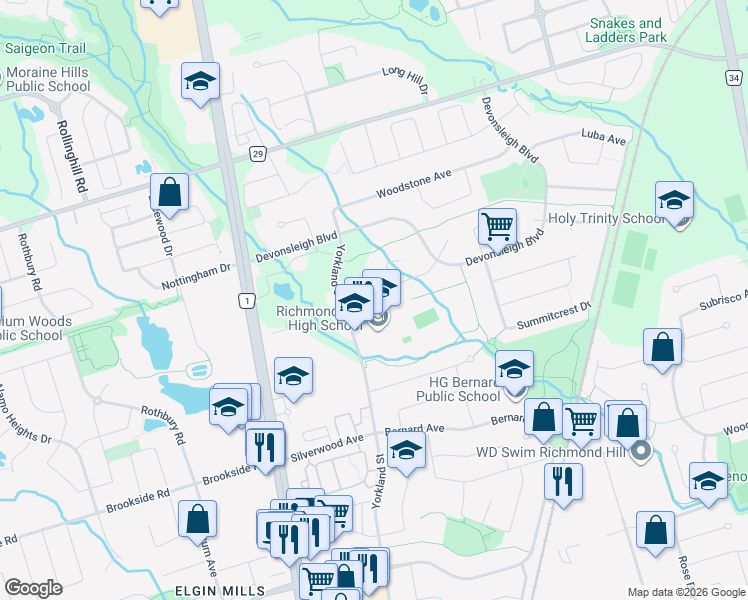 map of restaurants, bars, coffee shops, grocery stores, and more near 15 Brookwood Drive in Richmond Hill