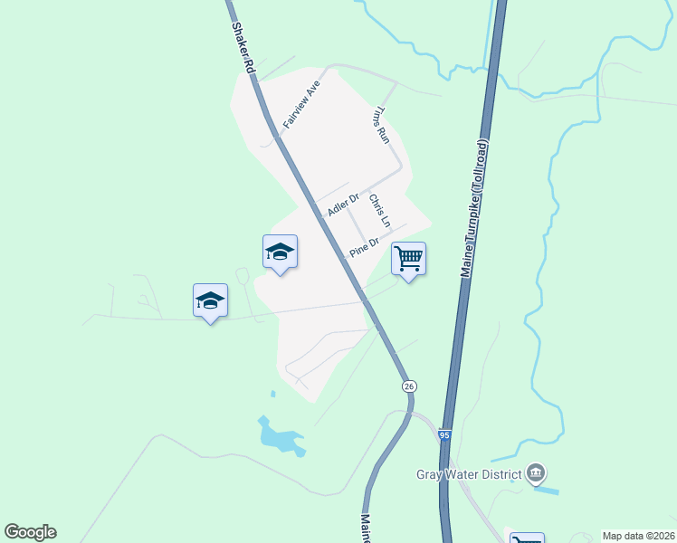 map of restaurants, bars, coffee shops, grocery stores, and more near 141 Shaker Road in Gray