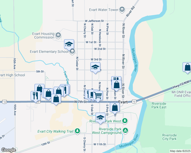map of restaurants, bars, coffee shops, grocery stores, and more near 321 North Hemlock Street in Evart