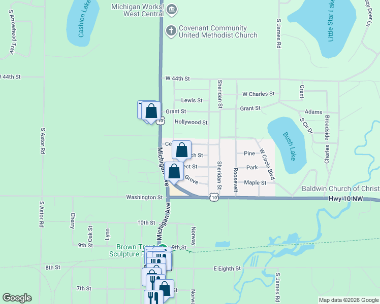 map of restaurants, bars, coffee shops, grocery stores, and more near 948 Church Street in Baldwin