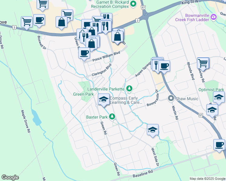 map of restaurants, bars, coffee shops, grocery stores, and more near 98 Aspen Springs Drive in Courtice