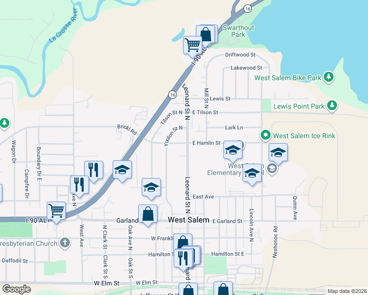 map of restaurants, bars, coffee shops, grocery stores, and more near 544 Leonard Street North in West Salem