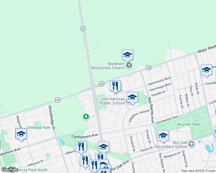 map of restaurants, bars, coffee shops, grocery stores, and more near 73 Eakin Mill Road in Markham