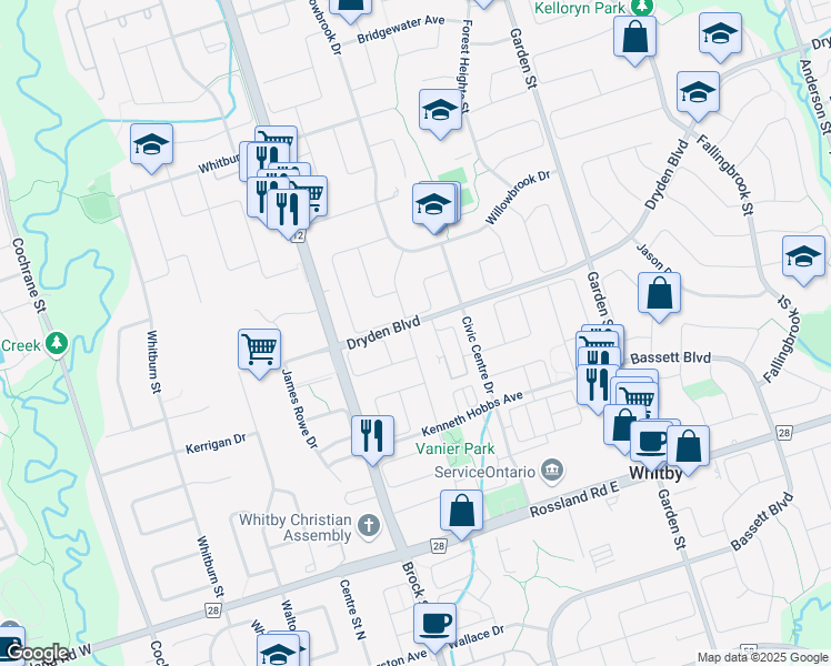 map of restaurants, bars, coffee shops, grocery stores, and more near 3 Vanier Street in Whitby