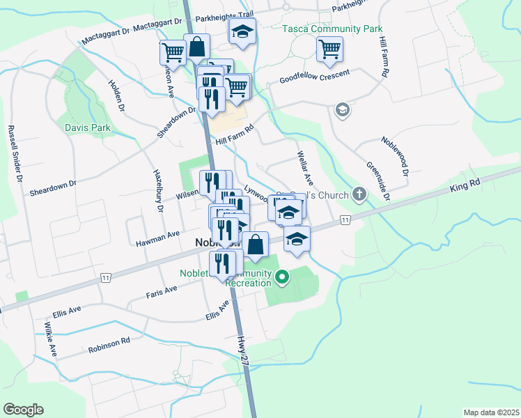 map of restaurants, bars, coffee shops, grocery stores, and more near 37 Norman Avenue in Nobleton