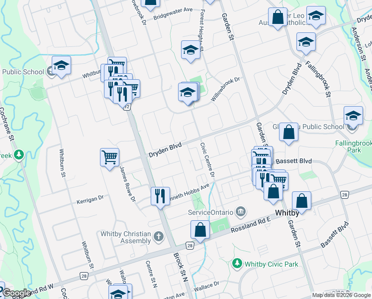 map of restaurants, bars, coffee shops, grocery stores, and more near 8 Petra Way in Whitby