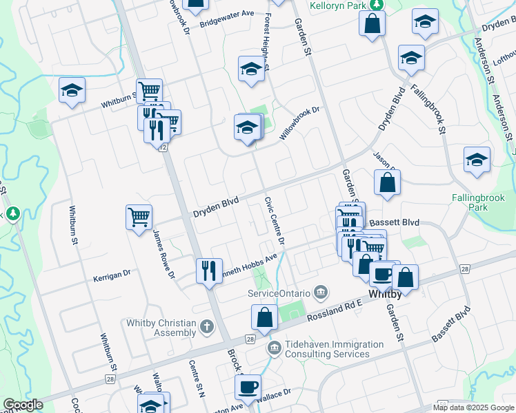 map of restaurants, bars, coffee shops, grocery stores, and more near in Whitby