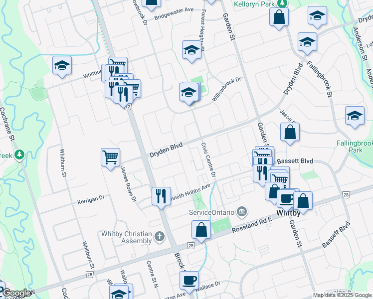 map of restaurants, bars, coffee shops, grocery stores, and more near 2 Petra Way in Whitby