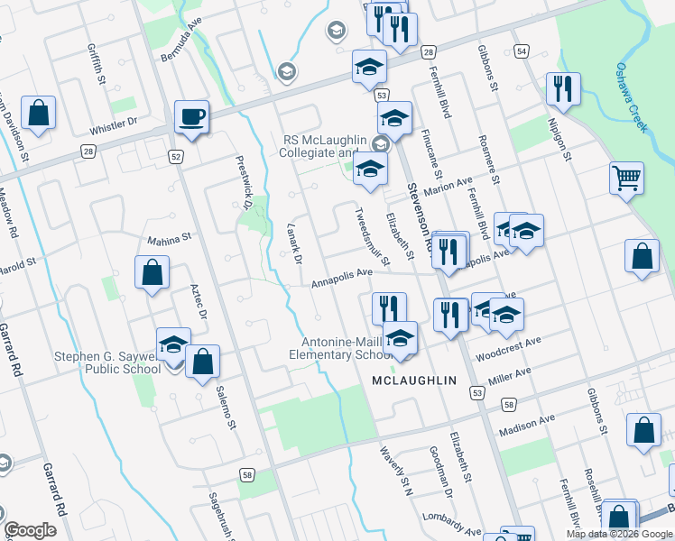 map of restaurants, bars, coffee shops, grocery stores, and more near 666 Annapolis Avenue in Oshawa