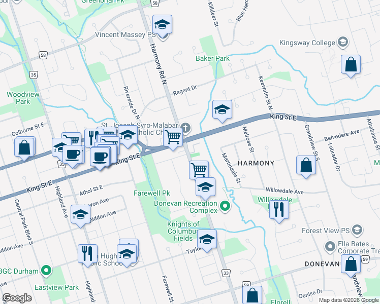 map of restaurants, bars, coffee shops, grocery stores, and more near 23 Harmony Road South in Oshawa