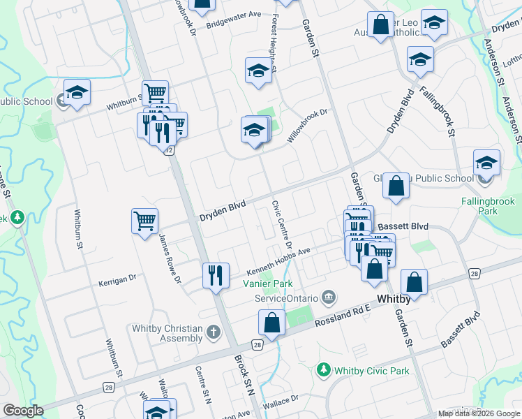 map of restaurants, bars, coffee shops, grocery stores, and more near 121 Petra Way in Whitby
