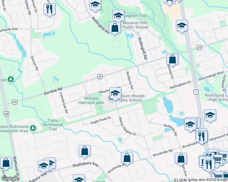 map of restaurants, bars, coffee shops, grocery stores, and more near 47 Aikenhead Avenue in Richmond Hill
