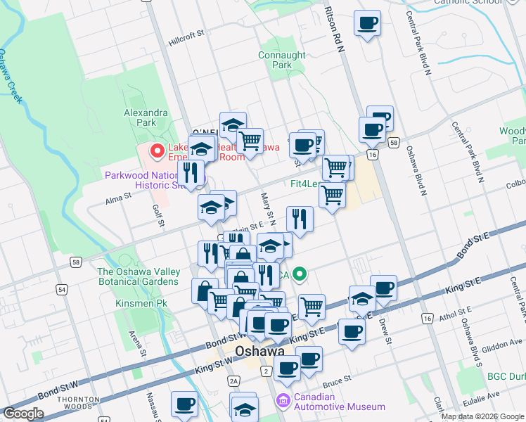 map of restaurants, bars, coffee shops, grocery stores, and more near 210 Mary Street North in Oshawa