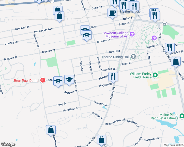 map of restaurants, bars, coffee shops, grocery stores, and more near 27 Columbia Avenue in Brunswick