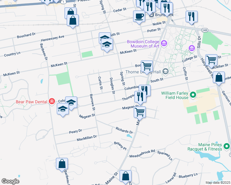 map of restaurants, bars, coffee shops, grocery stores, and more near 27 Columbia Avenue in Brunswick