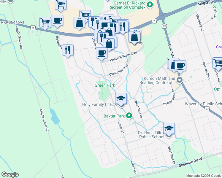map of restaurants, bars, coffee shops, grocery stores, and more near 1423 Green Road in Clarington
