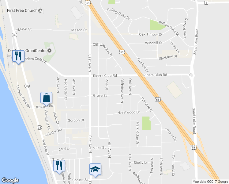 map of restaurants, bars, coffee shops, grocery stores, and more near 611 Grove Street in Onalaska