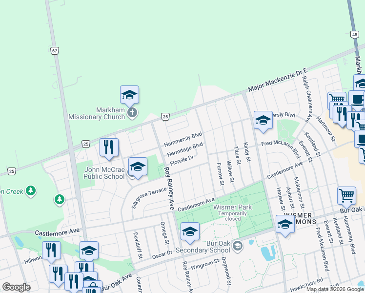 map of restaurants, bars, coffee shops, grocery stores, and more near 30 Hermitage Boulevard in Markham
