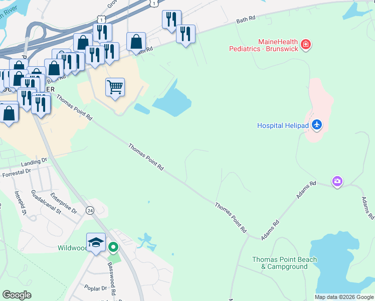 map of restaurants, bars, coffee shops, grocery stores, and more near 28 Beacon Drive in Brunswick