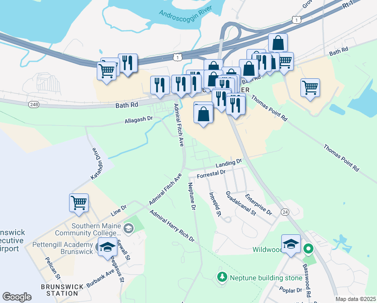map of restaurants, bars, coffee shops, grocery stores, and more near 62 Forrestal Drive in Brunswick