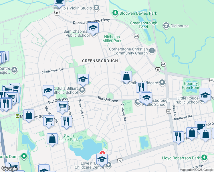map of restaurants, bars, coffee shops, grocery stores, and more near 63 Rainbow Valley Crescent in Markham
