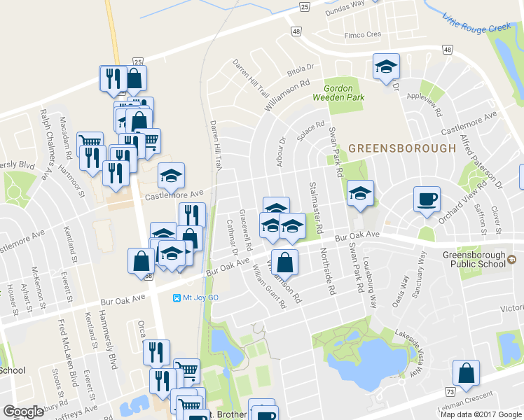 map of restaurants, bars, coffee shops, grocery stores, and more near 298 Williamson Road in Markham