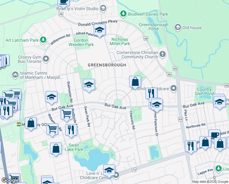 map of restaurants, bars, coffee shops, grocery stores, and more near 63 Rainbow Valley Crescent in Markham